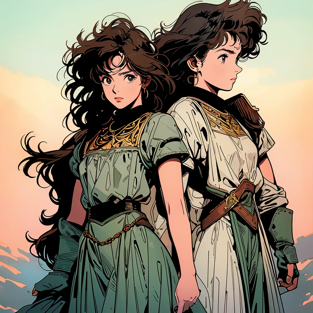 1 girl, solo, short curly brown hair, wearing armor and wielding a sword