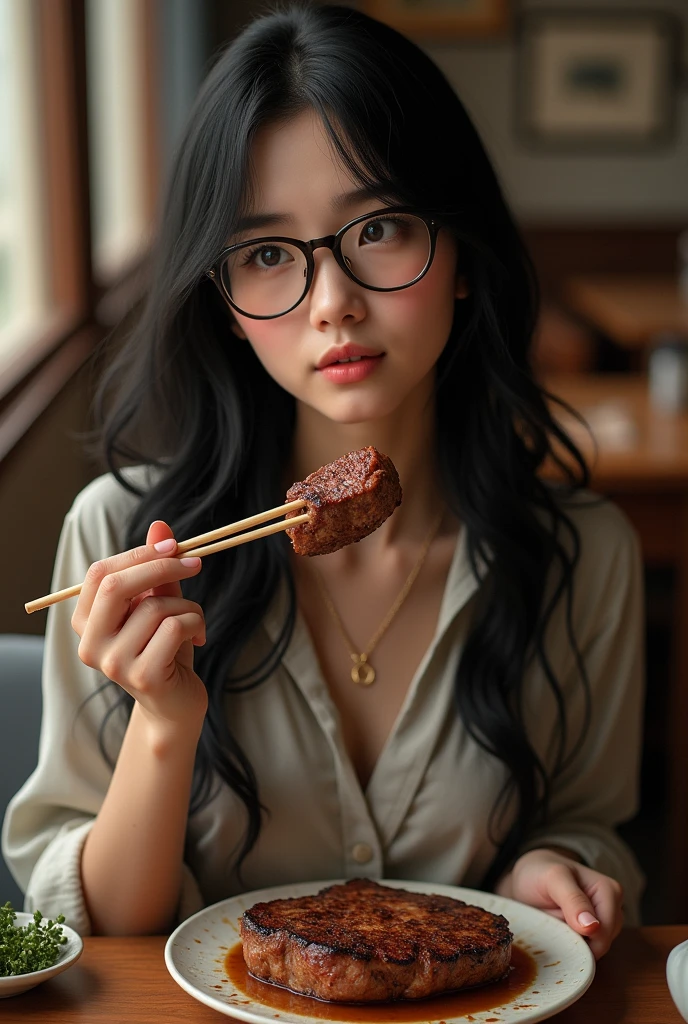 Wearing glasses, 1 Japan, Long Hair, High resolution, Small breasts, vision, Black Hair, Anatomically correct, Sparkling eyes, Eyebrows hidden under hair, hair band, Long shirt dress, Full body portrait,Long Hair, look up, Portrait Photography, Eat delicious steak,The chopsticks are thin,detail, Retina, Textured skin, Winner of numerous awards,