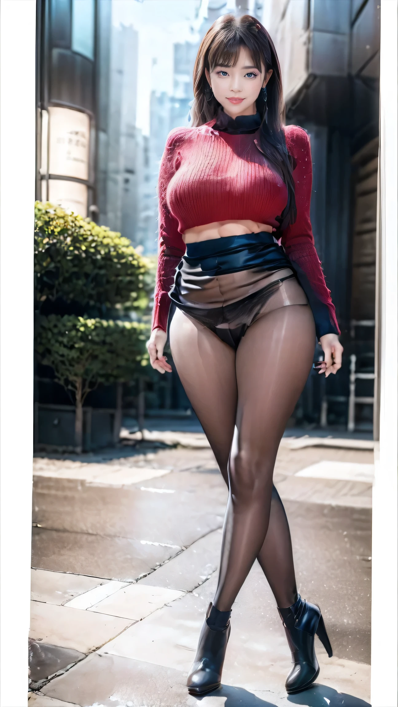 ((1 person, Japanese, Reina Morimoto, Morimoto_Queen, (Brown eyes, got it, 高got it), lipstick, Jade Earrings, muscular, healthy)), Sexy Gestures, fair, well-proportioned body, healthy)), ((Lonely, (1 female, pink lipstick), Very detailed, ambient soft Light, 4K, Perfect Eyes, Perfect Face, perfect Light, a 1 person)), strict, ((On Pavement, (Off-shoulder sweater, Women's hollow sweater, sweater, black knitted sweater), mini skirt, (Torn mini skirt, Panties that are a little visible), High heelsブーツ, (High heels, 细High heels), Ripped high heels boots, thigh-High Boots, Thighs and beige skirt, High Boots, Sexy look, Wearing a beige dress, Sexy clothes, In the city, Monuments, Contemporary sculpture, Beautiful polka dance, Nice view, There are neon Lights, (Transmitted pantyhose), Above-the-knee boots, night, Light)),behind,Recall,Back to photos,Return to the audience,Bend your body and lift your hips,Lean towards the audience