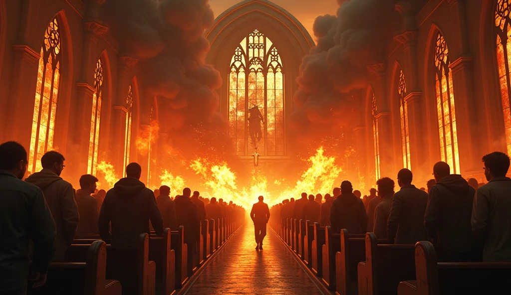 People burning in church. Church in flames