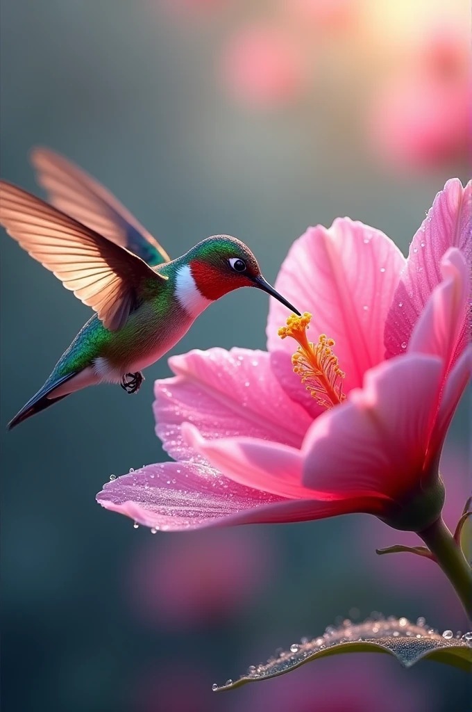 Horizontal Image, hummingbird drinks nectar from a bright pink flower with dew