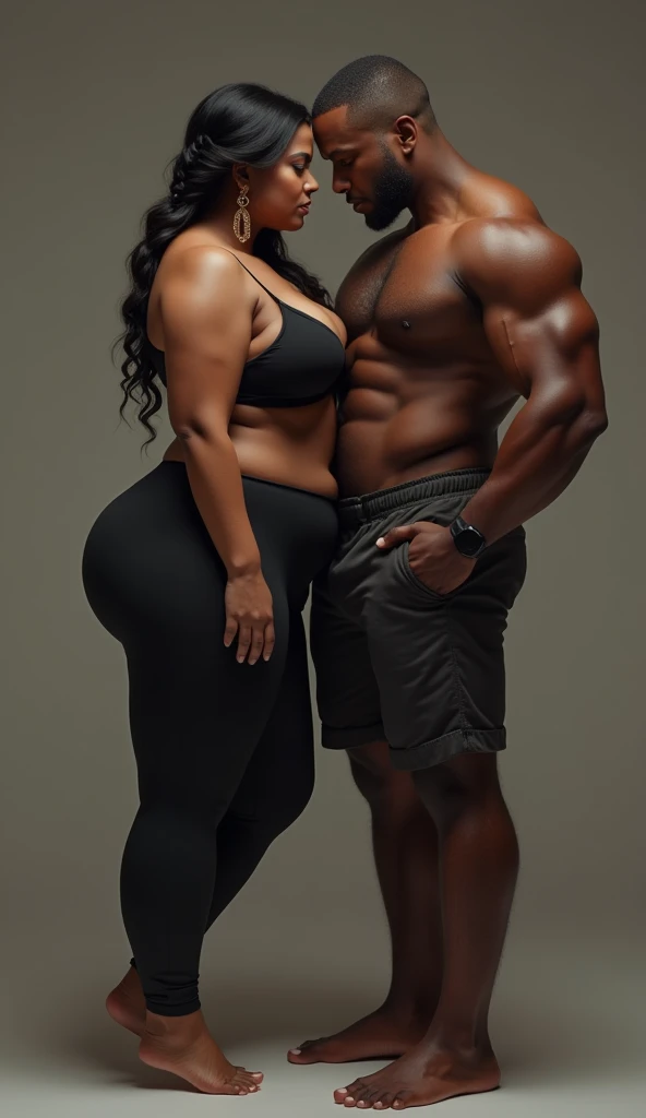 hot curvy white indian milf with long black single plaited hairstyle, big breast, big hip, very big ass, thick thighs, woman wearing crop top and leggings, bending over, couple looking at camera, very big muscular black man lifiting woman leg, white woman and black man