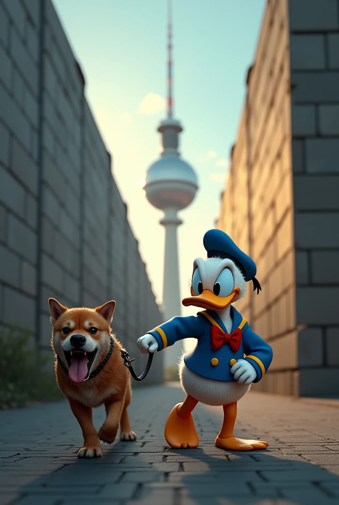 Donald duck with a dog on a leash with walls in the background and the Berlin TV tower expression aggressive 

