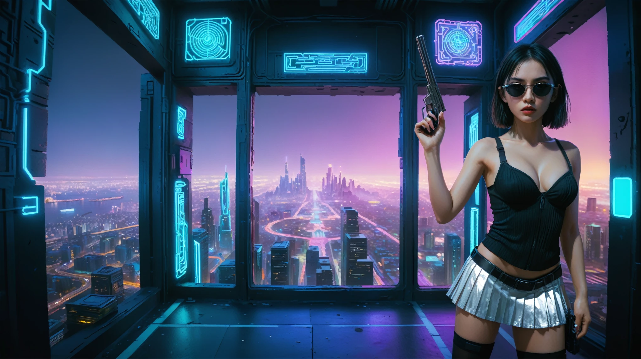 Cyberpunk female plagiarist immersed in digital theft, neon-lit alias within a vast online labyrinth, grotesque grunge brushing into surrealism, illuminated by kaleidoscopic volumetric light, a detailed masterpiece reminiscent of Moebius' distinctive style, deep focus, heightened depth field, psychedelic undertones amplified in a cinematic shot, aerial view of cyberpunk city at night, (1girl, solo), photo realistic, large-breast:1.4 D-cup slim body, cleavage:1.4, slim face, off broken mini sling-shirt and black sling bra, extremely short white pleated miniskirt, micro panty, (matrix style black micro sunglasses), (holding a short gun), half-body thigh level medium shot, cinematic lighting, ray tracing.