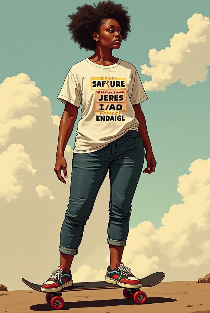 Une femme africaine laide et moche, grosse, chauve, naine, sans bras et cul de jatte sur un skateboard, avec un t-shirt sur lequel il est écrit "pas de bras, pas de chocolat"