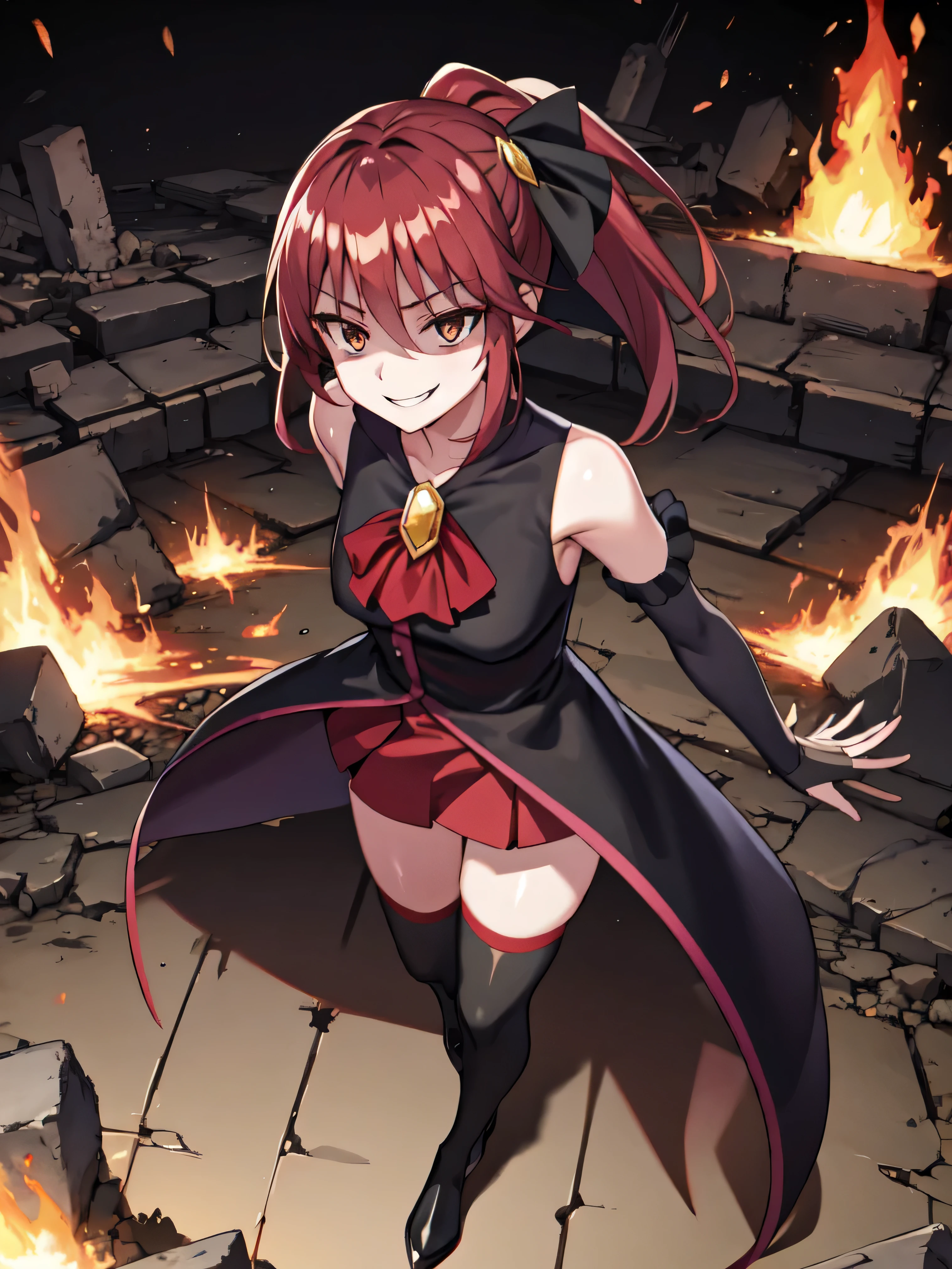 Highest quality, masterpiece, One Girl,Not beautiful, Red Ponytail, Long dress, brooch, Hair Ribbon,  Black knee socks, Standing on the rubble,  , ,,Dark shadow face,Sadistic smile,Malice,Contempt,smile,latex,Bad face,,Red Skirt,both hands,Two legs,Five Fingers,Evil background,Elbow fullgloves,latex,eivl laugh, Debish Aura (Shiny fabric:1.5),Dark world background,solo,Burning cityscape


