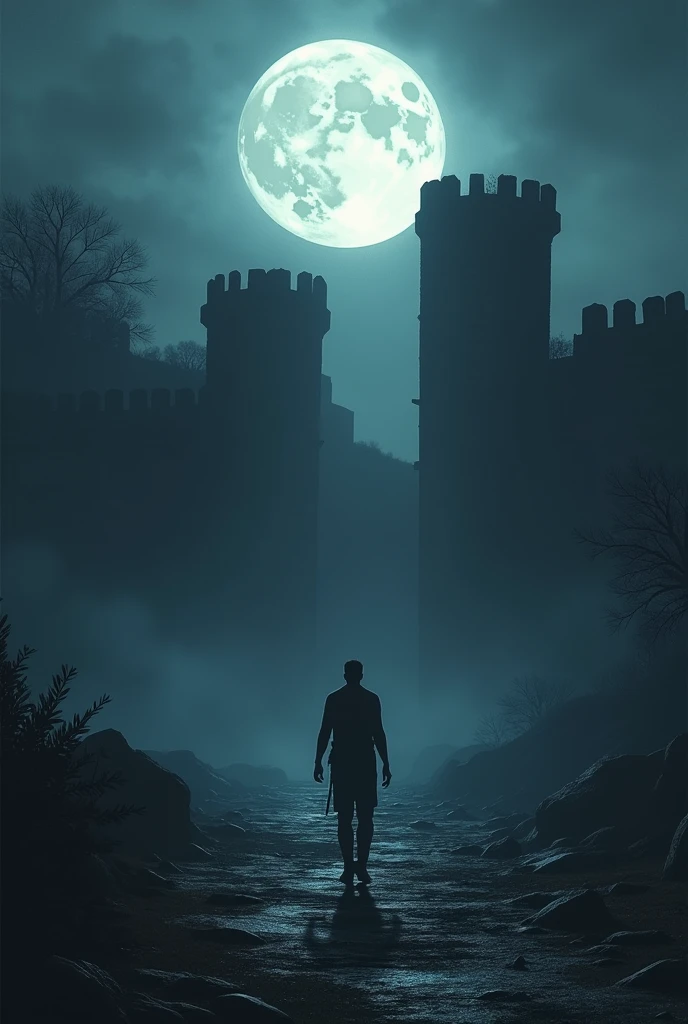 Arjun walking alone at night towards the fort, with a full moon in the background, casting eerie shadows on the ground.**
