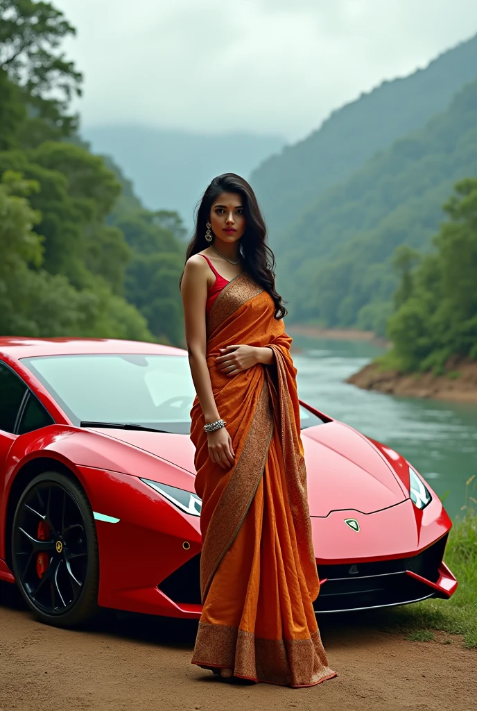 A girl here year 21 sitdown has a Lamborghini car and here body saree and bagraund river and hill a nature view 
