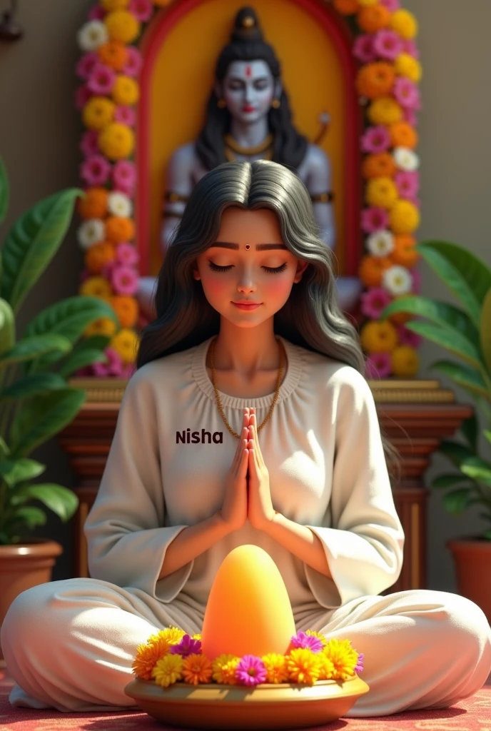 A 20 years old girl, is seated and praying in front of a Shivling adorned with flowers and belpata (green leaves). Behind her, there's a floral board with an image of Lord Shiva. The girl is wearing a white kurti and name "Nisha" written girl's Kurti, have stylish hair and look very cute, enhancing the spiritual or religious ambiance.