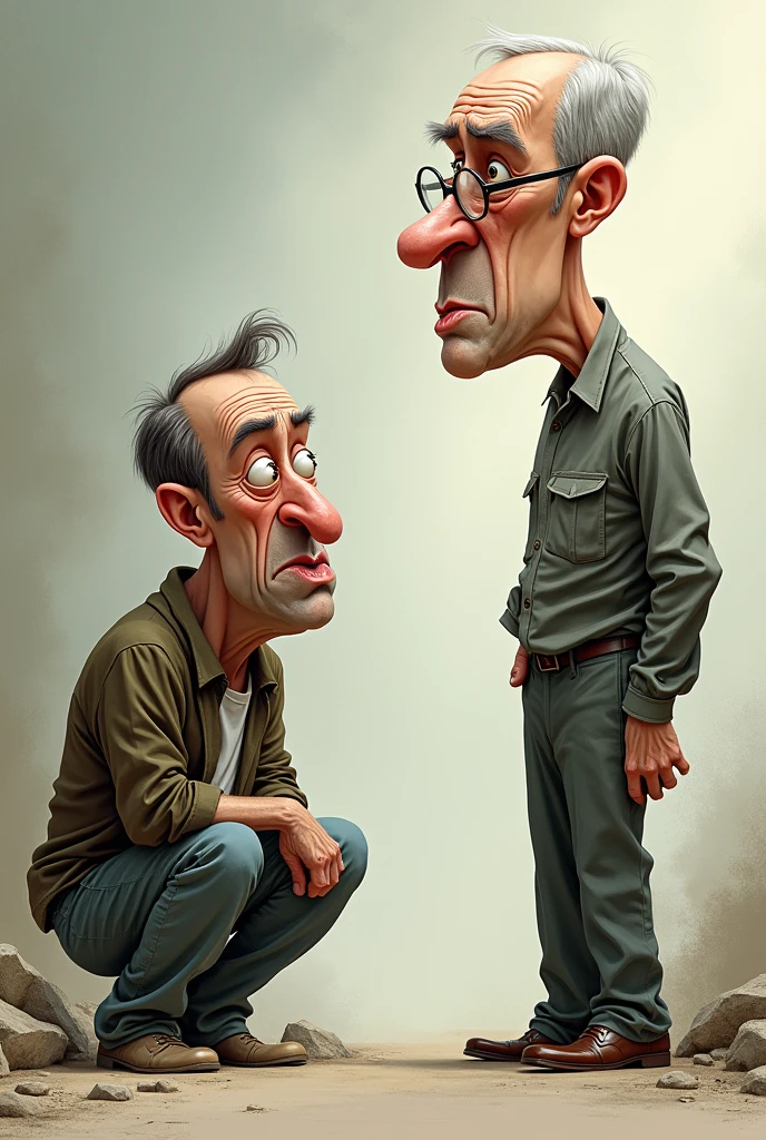 Créer une caricature d'une scène où deux hommes sont représentés de manière exagérée. Le premier homme est courbé en deux, visiblement souffrant de douleurs au dos, avec une expression de profonde dépression. Son visage est marqué par la tristesse et la fatigue, ses vêtements sont froissés, et il semble abattu. À côté de lui, un second homme, grand et maigre, se tient droit. Il a une grosse tête disproportionnée, une calvitie prononcée, et porte une paire de lunettes rondes qui accentuent la taille de ses yeux. Son expression est sérieuse, presque détachée, contrastant avec l'état misérable de l'homme courbé