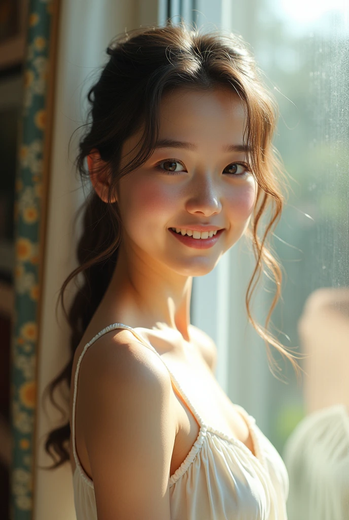 (photorealism:1.2), beautiful 13 year old girl, hourglass body standing near a transparent window with a perfect jawline smiling