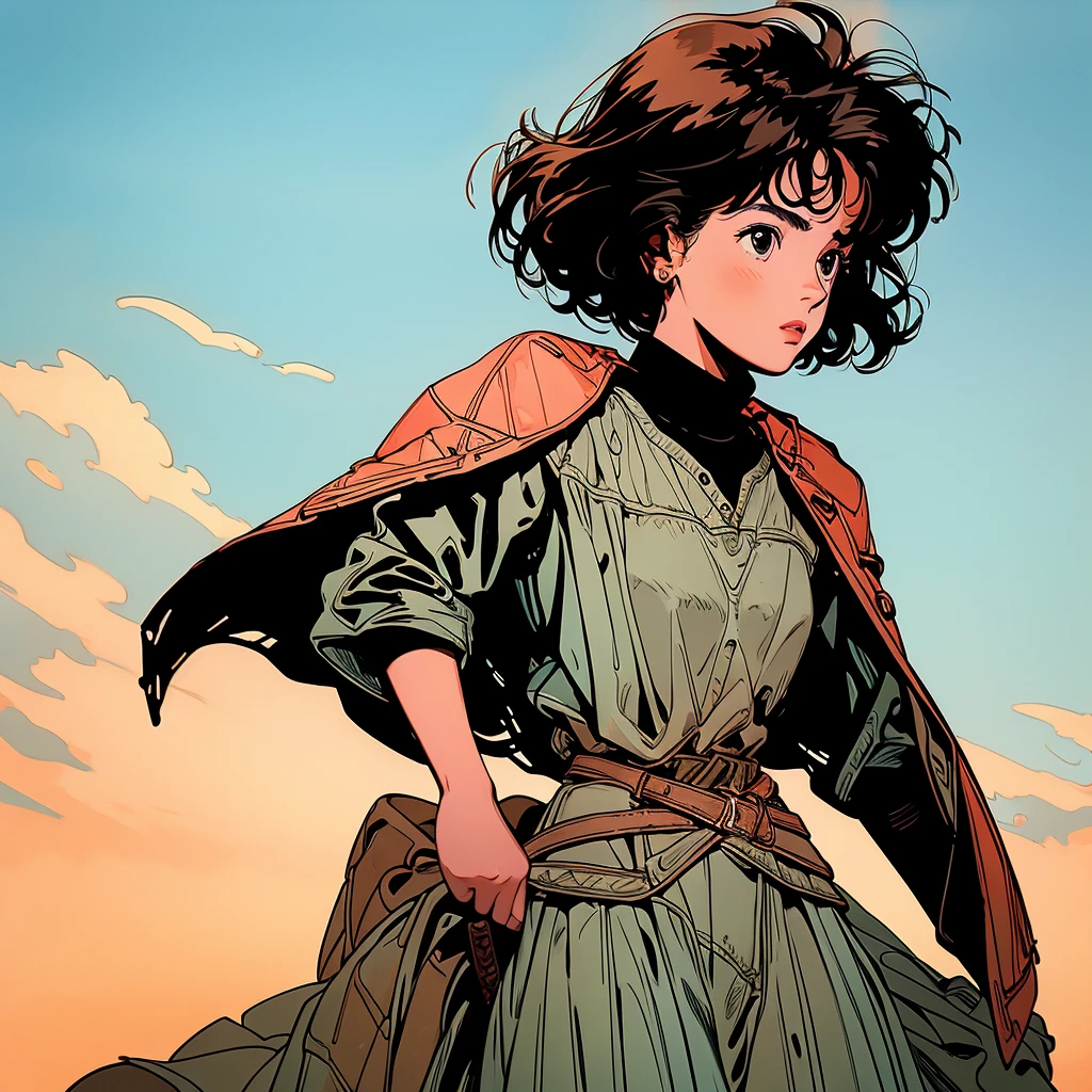 1 girl, solo, short curly brown hair, wearing armor and wielding a sword