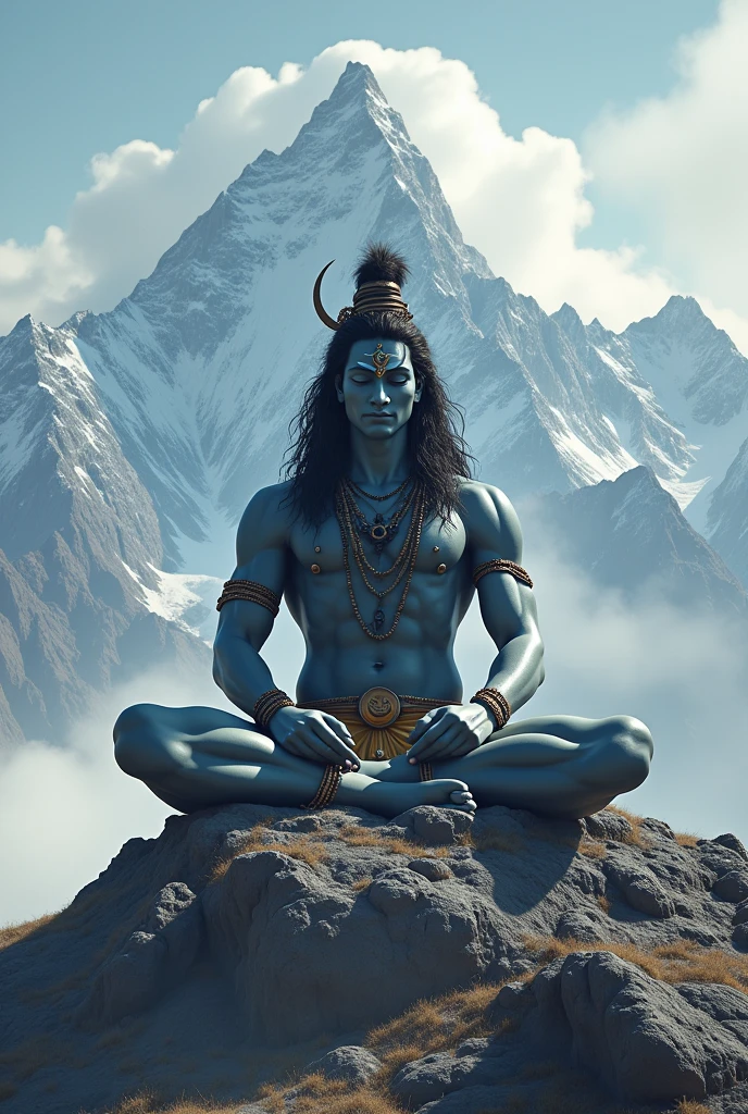 Lord Shiva having big masculine physique meditating on mount kailash smiling divine face no jewellery moon on head