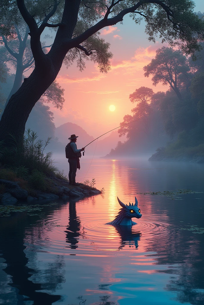 "Magical Sunrise Fishing in Rainbow Waters": A fisherman casts his rod into an enchanted lake where the water shimmers with vibrant colors like a rainbow. A sea dragon with iridescent scales pokes its head out just below the surface, His luminous eyes fixed on the fisherman, in a scene inspired by modern fantasy.