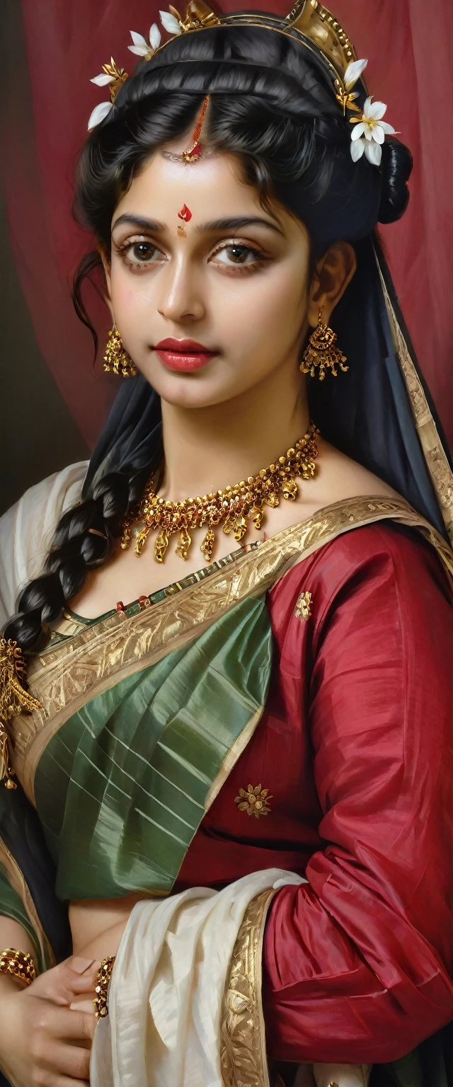 Beautiful Indian Woman, wearing red saree, sari Beauty, gorgeous, Apsara, Maharani, royal queen woman, nymph from Hindu Mythology, Urvashi, matchless beauty, Highly detailed, Oil Painting by Peter Paul Rubens inspired by Raja Ravi Varma, Matchless beauty, captivating, gorgeous, heavenly beauty, celestial beauty, by Peter Paul Rubens, 13, realistic, hyper realistic, micro details, incredible artwork, insane details, ultra High resolution, 8k, 32k, acrylic on canvas, intricate, flawless, detailed, detailed face, detailed eyes, masterpiece, by Peter Paul Rubens, by Caravaggio, by William Adolphe Bouguereau, perfect face, perfect body, beautiful art, realism, baroque, renaissance Art, highly textured, beautiful and detailed eyes, uhd, best quality,