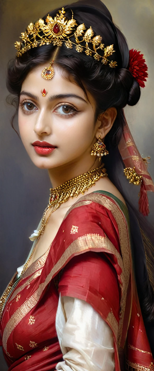 Beautiful Indian Woman, wearing red saree, sari Beauty, gorgeous, Apsara, Maharani, royal queen woman, nymph from Hindu Mythology, Urvashi, matchless beauty, Highly detailed, Oil Painting by Peter Paul Rubens inspired by Raja Ravi Varma, Matchless beauty, captivating, gorgeous, heavenly beauty, celestial beauty, by Peter Paul Rubens, 13, realistic, hyper realistic, micro details, incredible artwork, insane details, ultra High resolution, 8k, 32k, acrylic on canvas, intricate, flawless, detailed, detailed face, detailed eyes, masterpiece, by Peter Paul Rubens, by Caravaggio, by William Adolphe Bouguereau, perfect face, perfect body, beautiful art, realism, baroque, renaissance Art, highly textured, beautiful and detailed eyes, uhd, best quality,