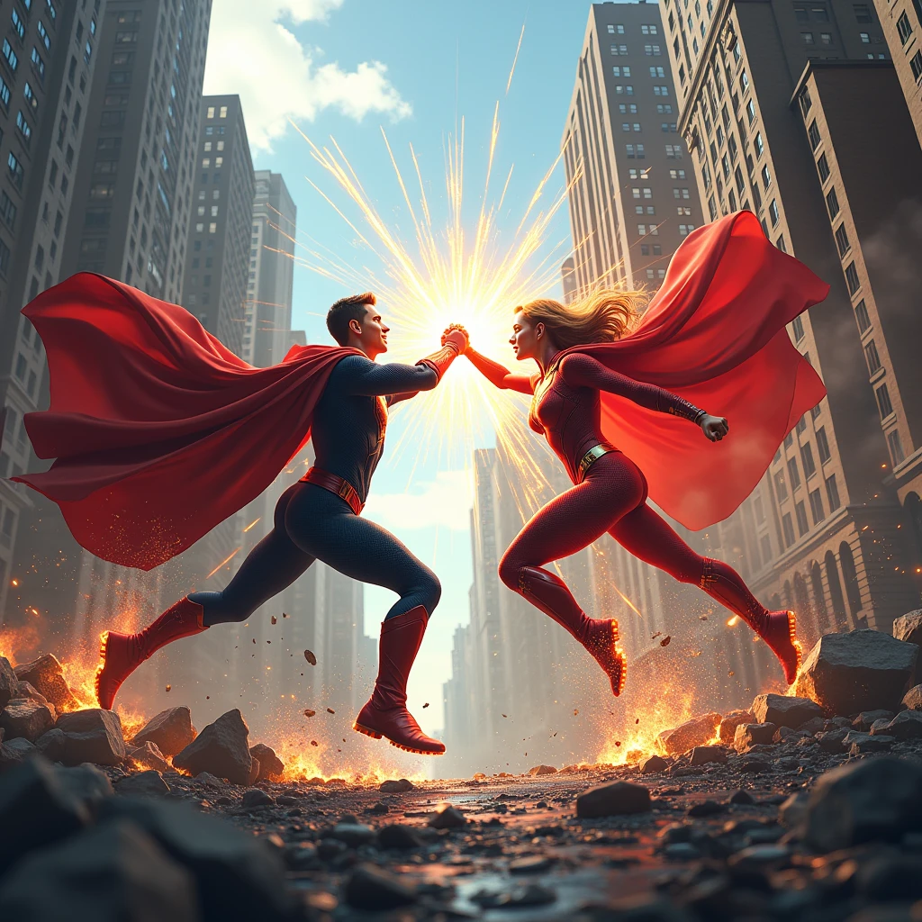 A superhero battle in the middle of a city, with buildings crumbling around them