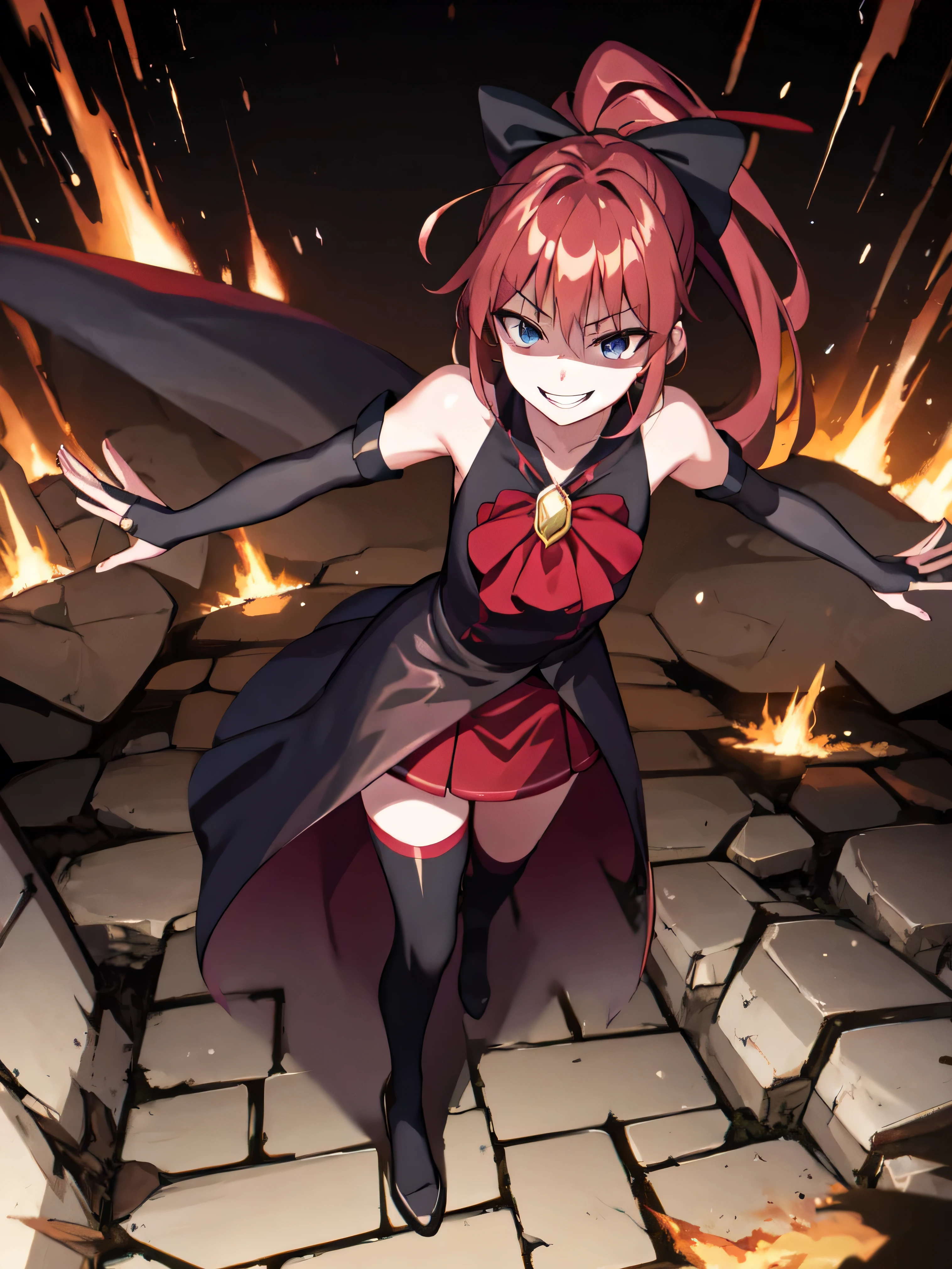 Highest quality, masterpiece, One Girl,Not beautiful, Red Ponytail, Long dress, brooch, Hair Ribbon, Black knee socks, Standing on the rubble, , ,,Dark shadow face,Sadistic smile,Malice,Contempt,smile,latex,Bad face,,Red Skirt,both hands,Two legs,Five Fingers,Evil background,Elbow fullgloves,latex,eivl laugh, Debish Aura (Shiny fabric:1.5),Dark world background,solo,Burning cityscape