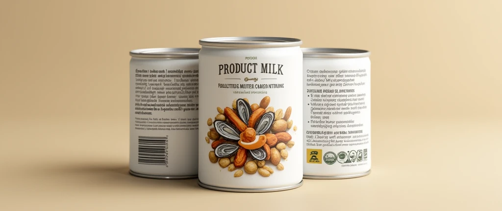 1 design to wrap a round milk can, consists of 3 equal parts, left part, middle and right part, left part và phần bên phải là gồm thông tin sản phẩm dưới dạng chữ viết, with barcode. The middle part has the main image of oysters and nutritious nuts along with the name of the product.