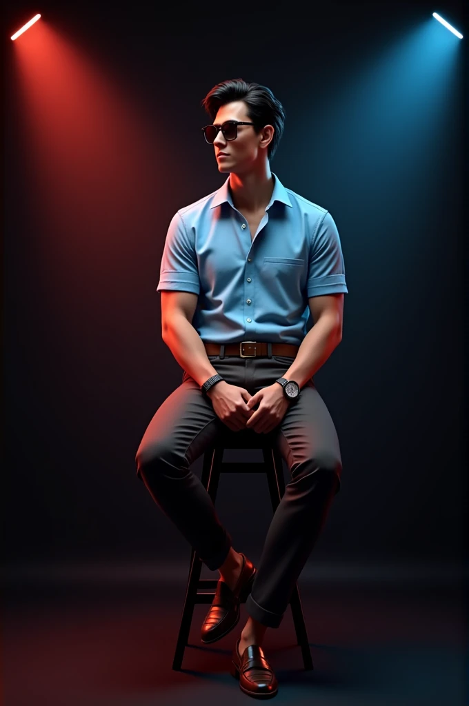 A tan tall boy with black wave hair wearing sunglasses, sky blue short sleeve shirt tucked with dark brown belt black long trousers and old watch on it and dark brown loafers sitting on black stool and black background red and blue light on it the boy turning right side