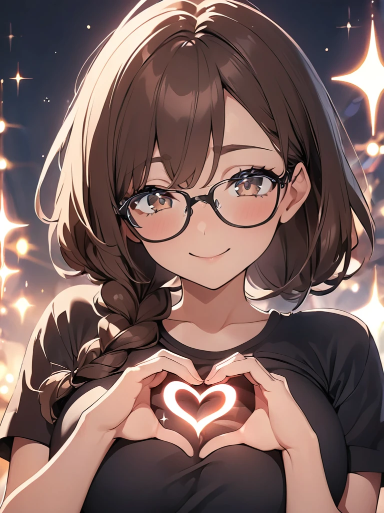 (anime screencap:1.2), masterpiece, best quality, ultra detailed 8k, (cute girl with one braid:1.2), (dark brown hair, (low ponytail, one braid), braid with ribbon), , light brown eyes, droopy eyes, glasses, happy smile, large breasts, (many sparkles, sparkle:1.4), (heart hands, spoken heart, many hearts, giving hearts at viewer),
BREAK
simple black t-shirt, upper body, from front, dynamic angle, simple background