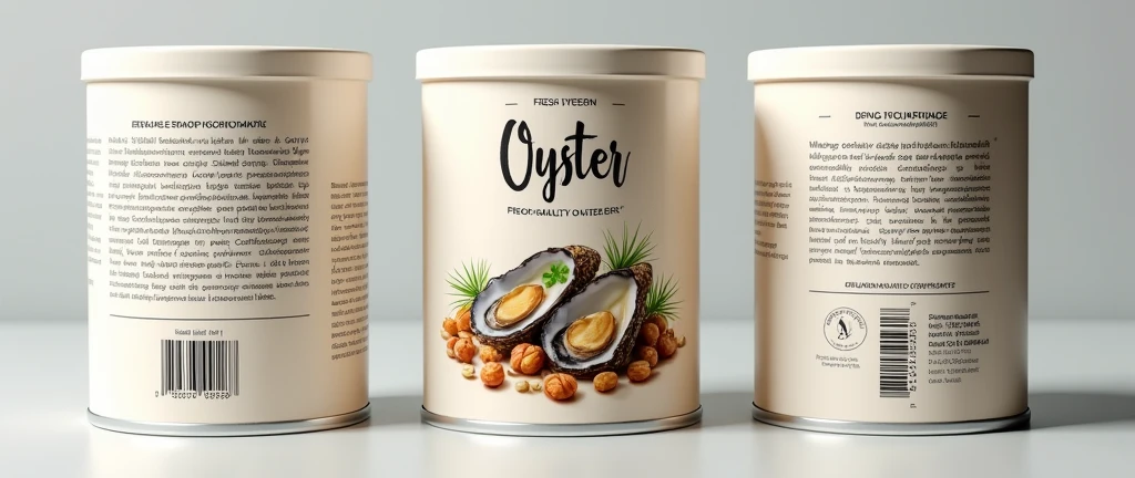 create a design to wrap a round milk can, consists of 3 equal parts, left part, middle and right part, left part và phần bên phải là gồm thông tin sản phẩm dưới dạng chữ viết, with barcode. The middle part has the main image of oysters and nutritious nuts along with the name of the product.