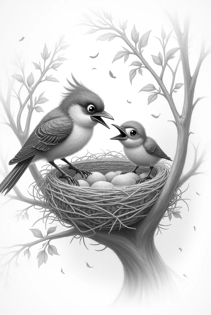 Pencil sketch of a bird stealing food from a baby bird in a nest upon the tree 
