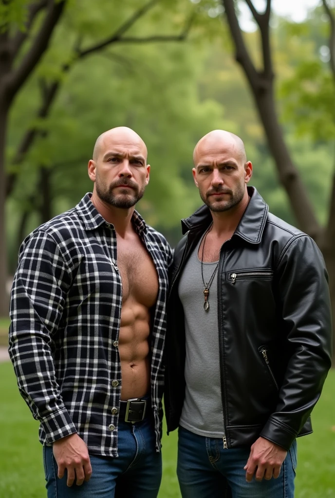 Body builder bald white men wearing unbuttoned black double pocket check shirt and black leather jacket at park with friend