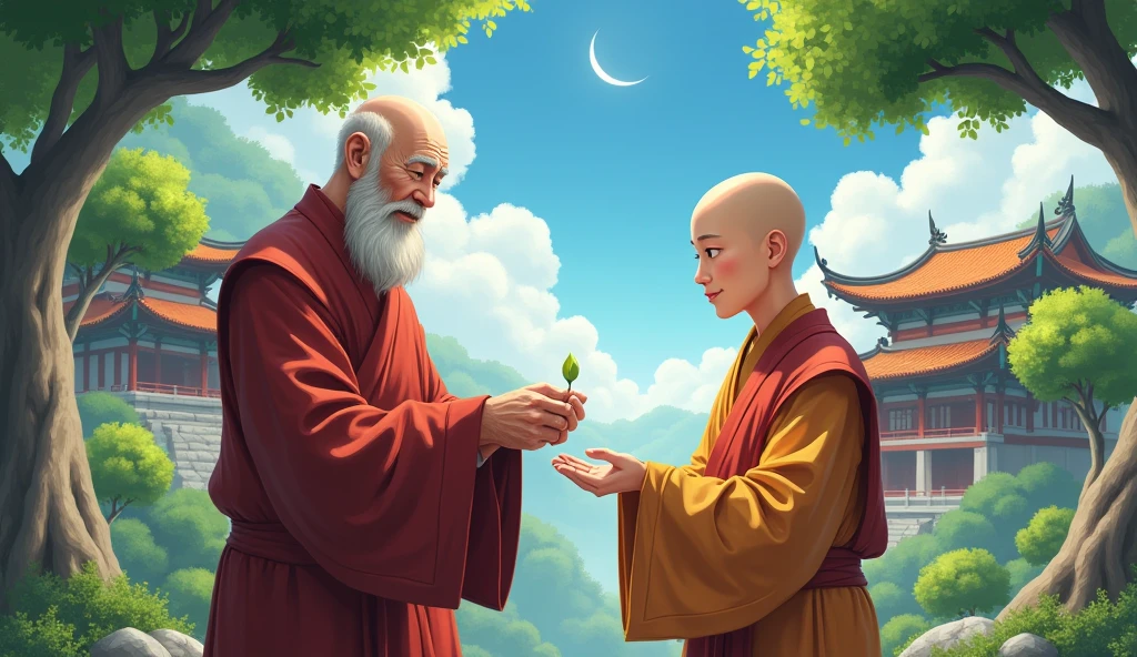 Chinese Old monk sensei giving seed to his monk student, surrounded by temples, beautiful trees, in anime style, beautiful scenario,