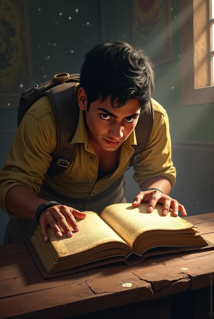 **Arjun finds an ancient book lying on a dusty table inside a room in the fort. The book is open, and Arjun is looking at it with curiosity and excitement.**