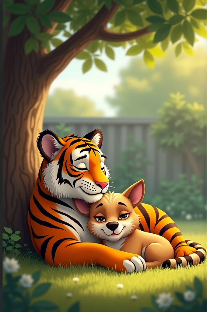  After finishing the cleanup, Toby( tiger )and Dax (dog)return home. They both flop down under a shady tree, tired from their big adventure. As they drift off to sleep, they agree that today was the best day ever.