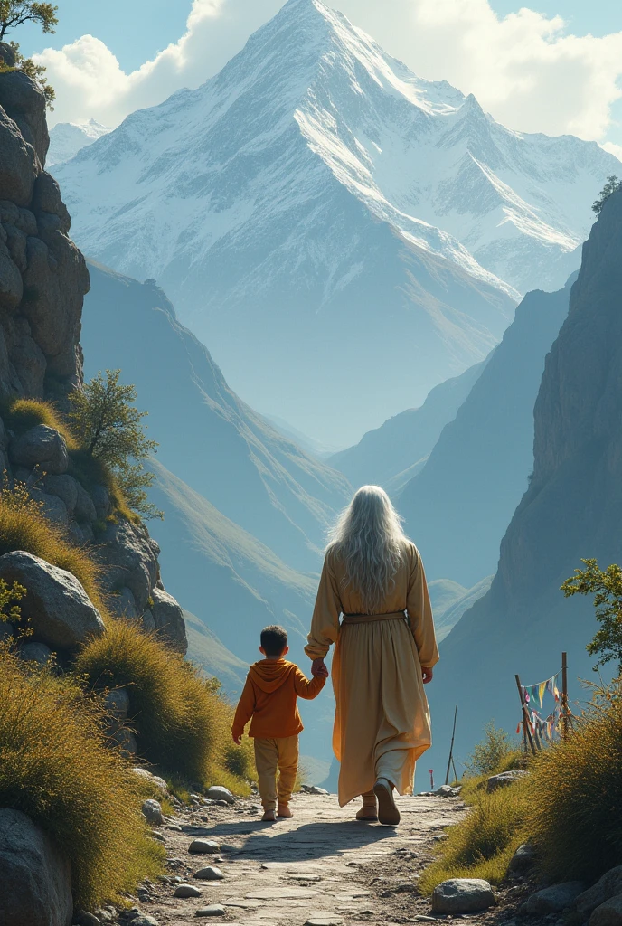 Images sage taking his little child on spiritual path in the Himalayas backword face long hair hindu dharm