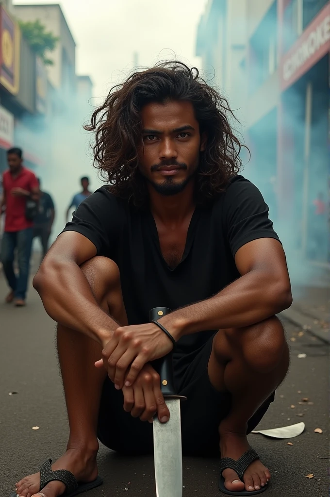 Photography of a 20 year old Indonesian guy with long curly hair wearing a black shirt, shorts, flip-flops, sitting holding a machete, riot background
