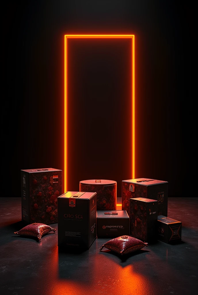 A black background with neon orange and add unbox items