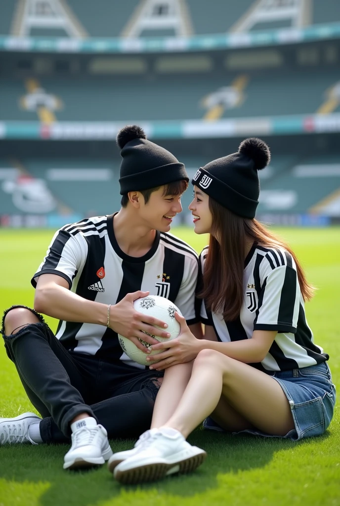 Displaying full HD high resolution photos, A handsome Korean man is sitting in the middle of the stadium field., while sitting on the grass the man is holding a ball with the JJ symbol, the man is wearing a black and white juventus jersey,wearing black jeans with rips, white sneakers, and wear a white beanie hat with the JJ logo, Beside the man, a beautiful woman was seen sitting there too.,the woman is wearing a juventus jersey, pakai rok pendek jeans sobek sobek dan white sneakers,wear a JJ logo black beanie hat, background of a green grassy stadium field and stands with the words "juventus",realistic