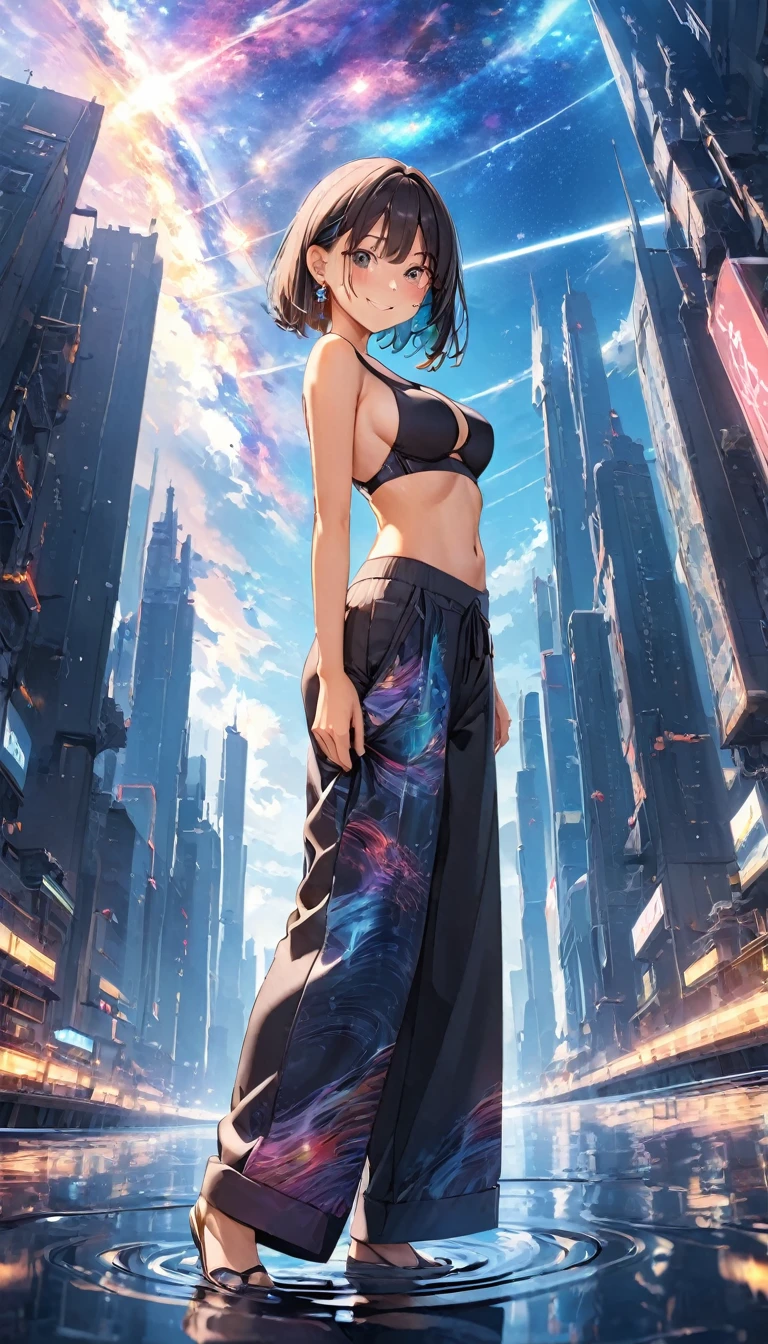 anime illustration, ((((highest quality)))), (((Ultra-precision CG 16K))), (((masterpiece))), BREAK skinny body, slender waist, medium Breasts, (((perky breasts))), ((sagging breasts)), (covered nipples),  (((tanned skin, tan lines))) , BREAK (written in detail of face, smiling, blush, determined expression, sweaty , Heavy breathing, embarrassed, ) , (natural make), BREAK narrow eyes, (streaked hair, hair intakes, colored inner hair, ) BREAK (((wearing printed oversized clothing , wearing wide-leg-pants, breasts is covered by outfit, (detailed panty), Narrow aisles,))) , wearing earrings , BREAK ( stick breast out, ((Handstand))) BREAK  (( ripples , horizon , under the cosmic sky on the cosmic sea , cosmic effects)), (((full body shot, looking at viewer, ))), BREAK ((cinematic , from side , from below , ((Distant view, Panorama)), looking at viewer, )) , pinup magazine pose, dancing 