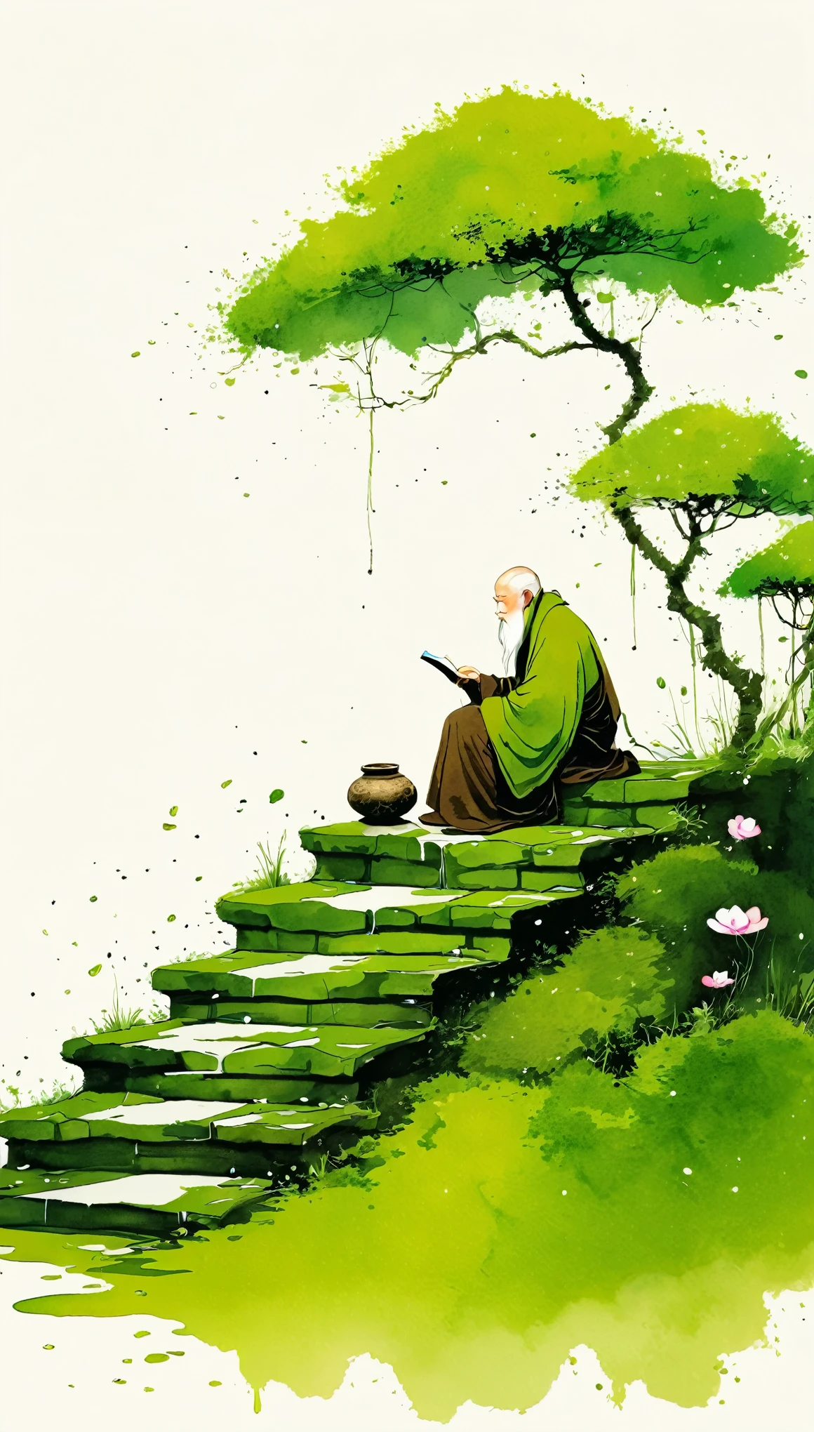 中国水墨画sketch：Light Ink，Lowercase，sketch，artistic conception，The old monk on the moss-covered steps，Minimalism，(((Negative Space,Bottom left composition)))