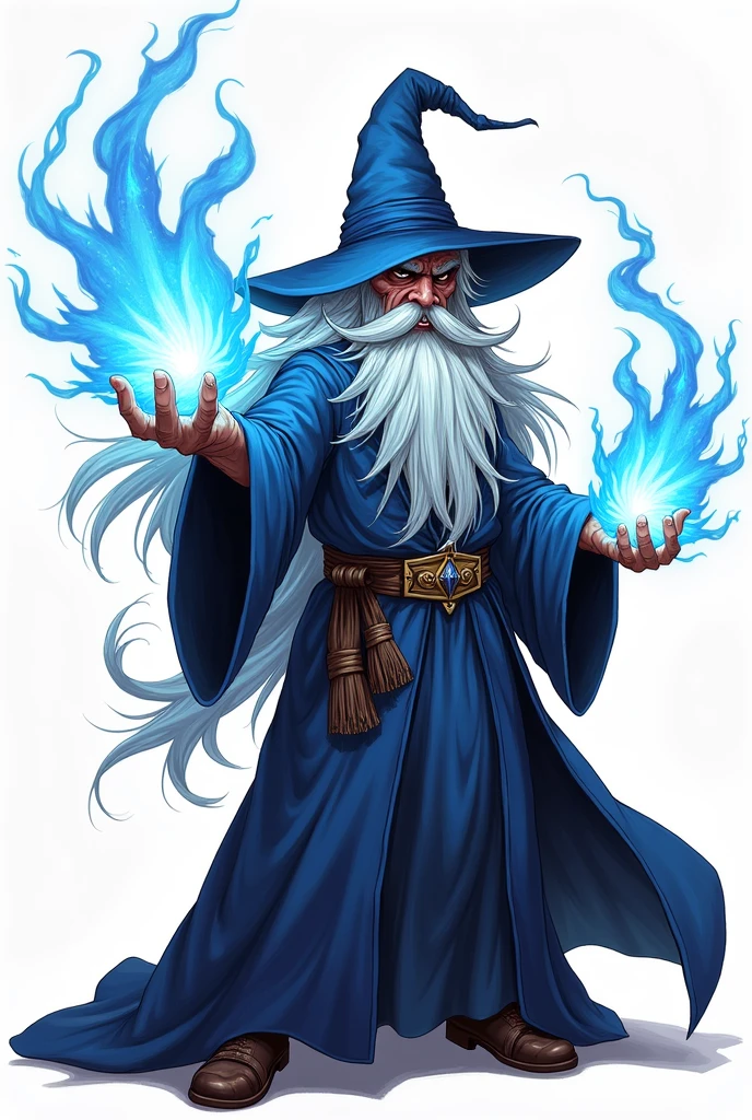 ragnarok online, masterpiece, best quality, 1boy, old wizard, white hair, blue wizard hat, wearing blue robe, casting magic, angry face, white background, full body, (closed mouth:1.2), looking at viewer, best quality