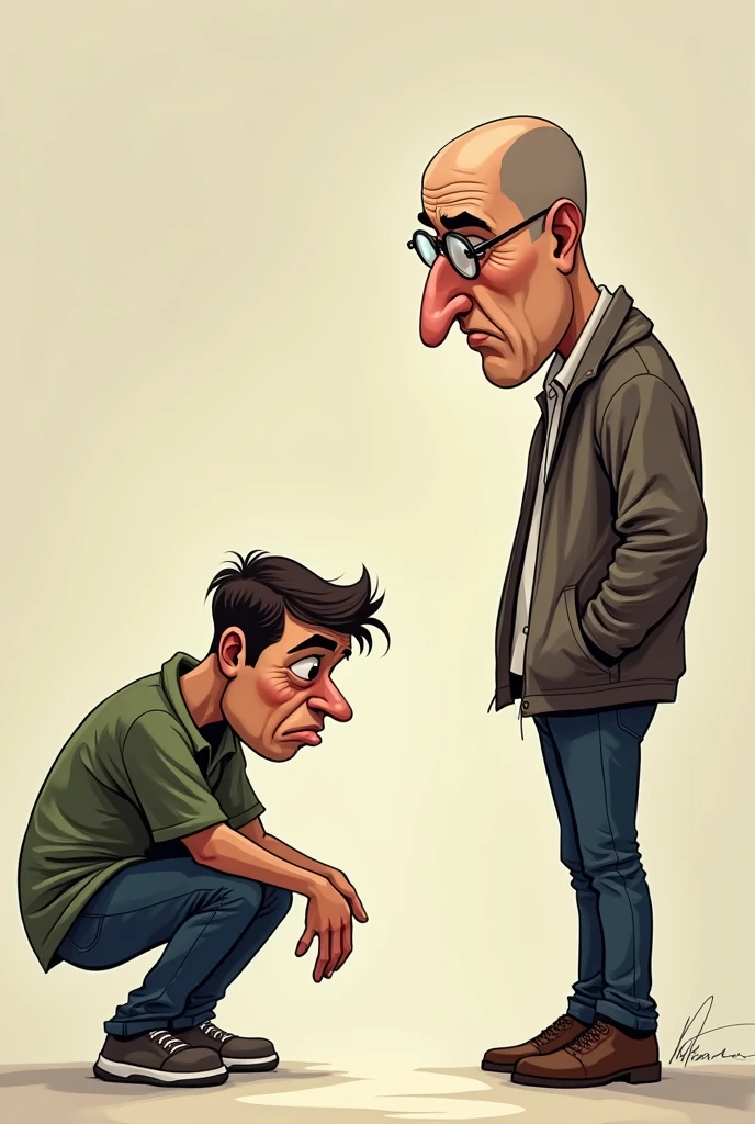 Créer une caricature d'une scène où deux jeunes hommes sont représentés de manière exagérée. Le premier homme est courbé en deux, visiblement souffrant de douleurs au dos, avec une expression de profonde dépression. Son visage est marqué par la tristesse et la fatigue, ses vêtements sont froissés, et il semble abattu. À côté de lui, un second homme, grand et maigre, se tient droit. Il a une grosse tête disproportionnée, une calvitie prononcée, et porte une paire de lunettes rondes qui accentuent la taille de ses yeux. Son expression est sérieuse, presque détachée, contrastant avec l'état misérable de l'homme courbé
