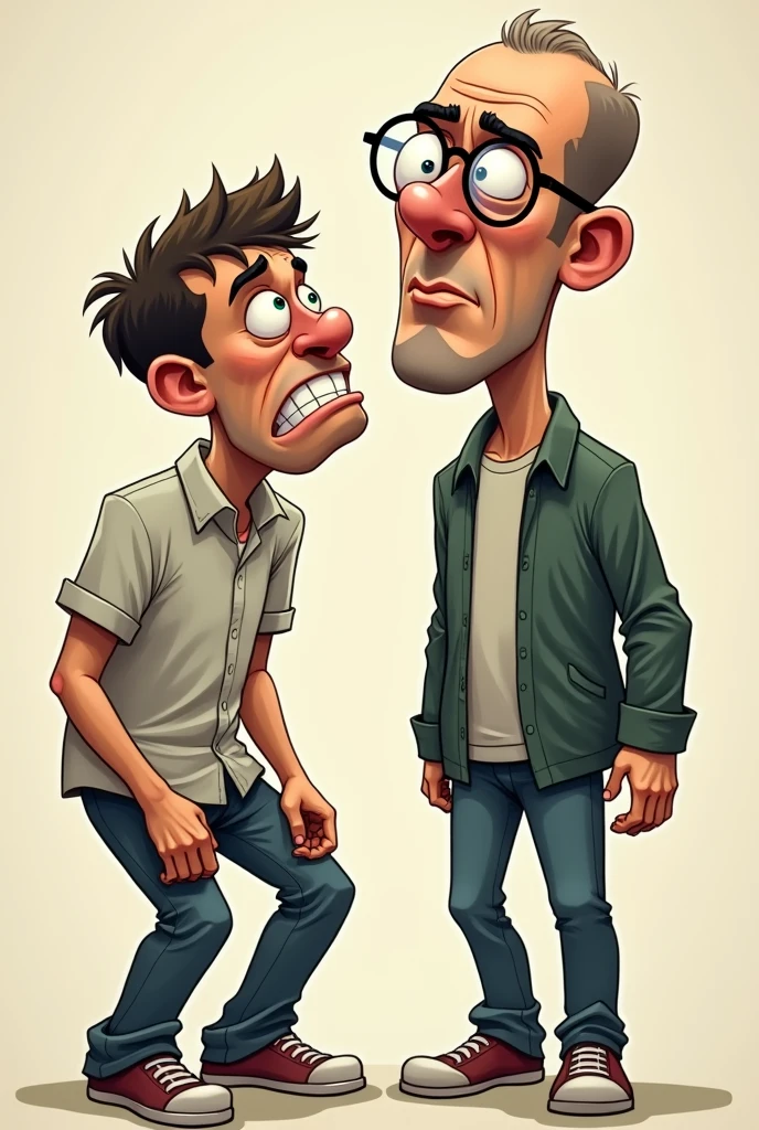 Créer une caricature d'une scène où deux jeunes hommes sont représentés de manière exagérée. Le premier homme est courbé en deux, visiblement souffrant de douleurs au dos, avec une expression de profonde dépression. Son visage est marqué par la tristesse et la fatigue, ses vêtements sont froissés, et il semble abattu. À côté de lui, un second homme, grand et maigre, se tient droit. Il a une grosse tête disproportionnée, une calvitie prononcée, et porte une paire de lunettes rondes qui accentuent la taille de ses yeux. Son expression est sérieuse, presque détachée, contrastant avec l'état misérable de l'homme courbé