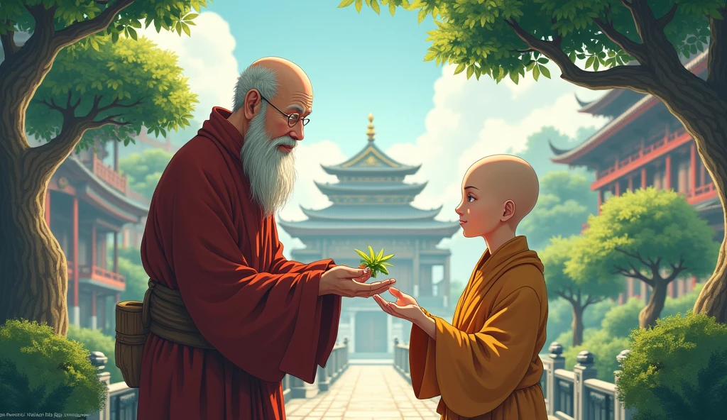 Chinese Old monk sensei giving seed to his monk student, surrounded by temples, beautiful trees, in anime style, beautiful scenario,