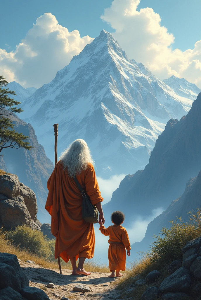 Images sage taking his little child  on spiritual path in the Himalayas backword face long hair hindu dharm  om 
