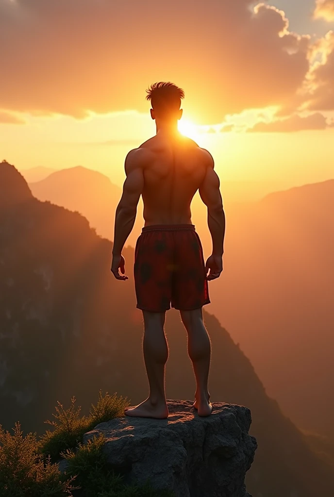 There is an 18 year old boy who is wearing half-cut lower and he is very fair, handsome and a bodybuilder, his face is round and attractive, his short hair is very beautiful, his mind is very hardworking and powerful, he is focused on his goal like Suryaputra Karna and at the time of sunset he is standing alone on a very high mountain, around whom there is a very beautiful and peaceful environment, his name is Himanshu, he looks different from the world, the world makes fun of him but he alone is enough for the world ek bahut bada hi pahad hai jiske Charon or maidan hai ful HD seen hai aur ladka Kala nahin gora hai vah Bal chhote Bal aakarshit Sundar hai aur uska chehra samne ki taraf hai jo bahut hi Sundar dikhta hai aur ful screen size ka hai yah yah image bahut hi Sahi bani hai lekin iska chehra screen ke samne taraf hona chahie aur iska chehra gol aur gora aakarshit hona chahie Jo Apne target per focus kar raha hai aur usko duniya se matlab nahin hai