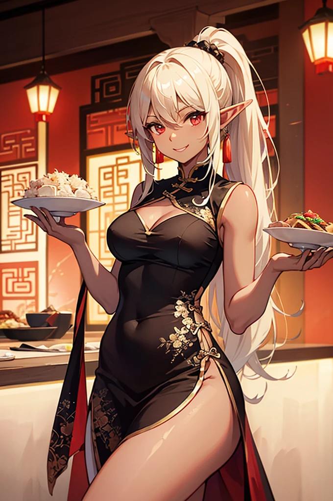 Beautiful images,Detailed Images,Official image,(Chinese restaurant background),One Woman,Blonde,Red Eyes,Ponytail Hair,Model body type,(Dark Skin:1.3),Elf Ears,Large Breasts,(China dress:1.3),Smile small,