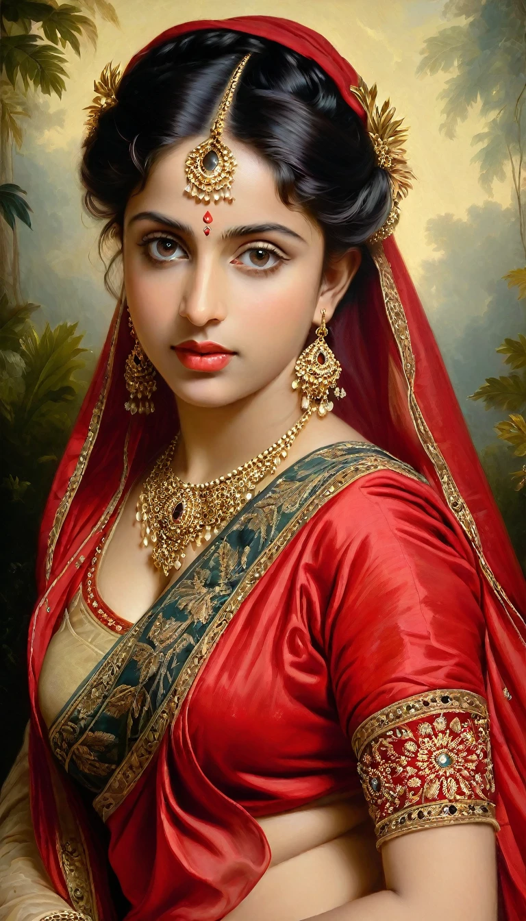 Beautiful Indian Woman, wearing red saree, sari Beauty, gorgeous, Apsara, Maharani, royal queen woman, nymph from Hindu Mythology, Urvashi, matchless beauty, Highly detailed, Oil Painting by Peter Paul Rubens inspired by Raja Ravi Varma, Matchless beauty, captivating, gorgeous, heavenly beauty, celestial beauty, by Peter Paul Rubens, 13, realistic, hyper realistic, micro details, incredible artwork, insane details, ultra High resolution, 8k, 32k, acrylic on canvas, intricate, flawless, detailed, detailed face, detailed eyes, masterpiece, by Peter Paul Rubens, by Caravaggio, by William Adolphe Bouguereau, perfect face, perfect body, beautiful art, realism, baroque, renaissance Art, highly textured, beautiful and detailed eyes, uhd, best quality,