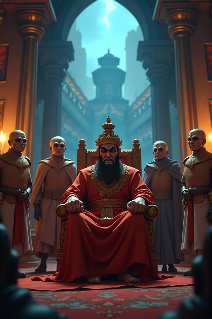 In cenamatic 3d cartoon style "A dark and ominous scene showing the city of Mathura under the tyrannical rule of King Kansa. The environment is tense with fear. King Kansa is in his palace, surrounded by guards, his face twisted with anger as he senses a threat to his reign."