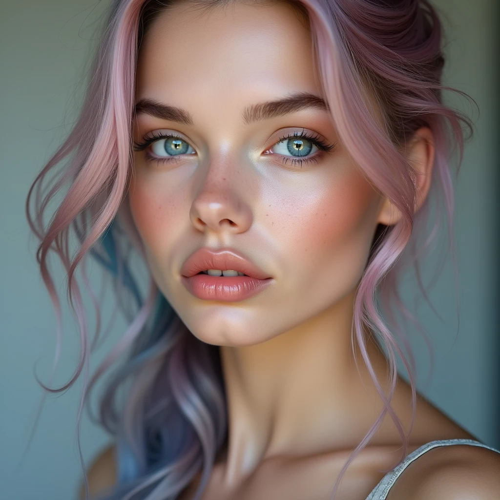 Create a close-up portrait of a stunningly beautiful Scandinavian woman with fair, flawless skin, and deep blue eyes. She mid length, flowing pink and blue gradient hair in ponytail. Her facial features are delicate and symmetrical, with high cheekbones, a well-defined jawline, and full lips with a natural pink hue. The lighting should be soft and flattering, enhancing her natural beauty, and the background should be neutral to keep the focus on her face. She should have a seductive sexy expression.