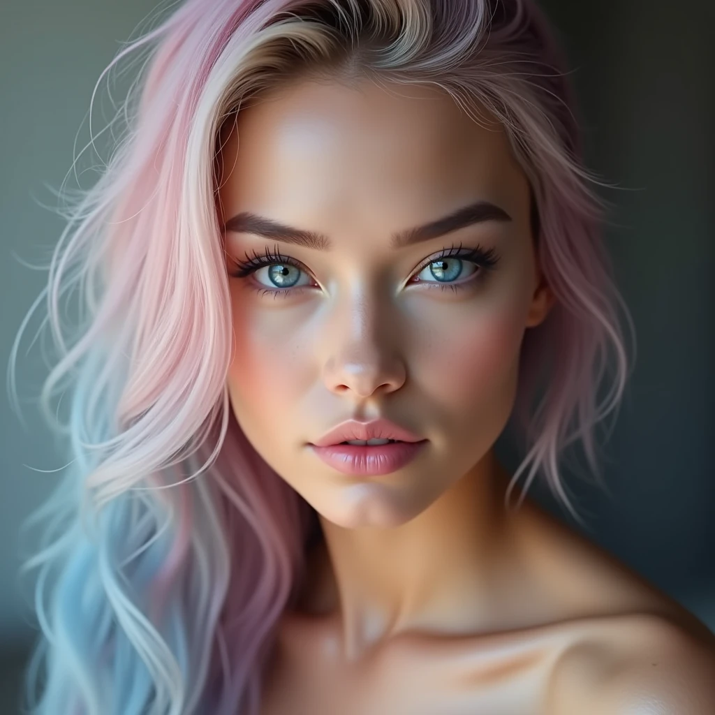 Create a close-up portrait of a stunningly beautiful Scandinavian woman with fair, flawless skin, and deep blue eyes. She mid length, flowing pink and blue gradient hair in ponytail. Her facial features are delicate and symmetrical, with high cheekbones, a well-defined jawline, and full lips with a natural pink hue. The lighting should be soft and flattering, enhancing her natural beauty, and the background should be neutral to keep the focus on her face. She should have a seductive sexy expression.