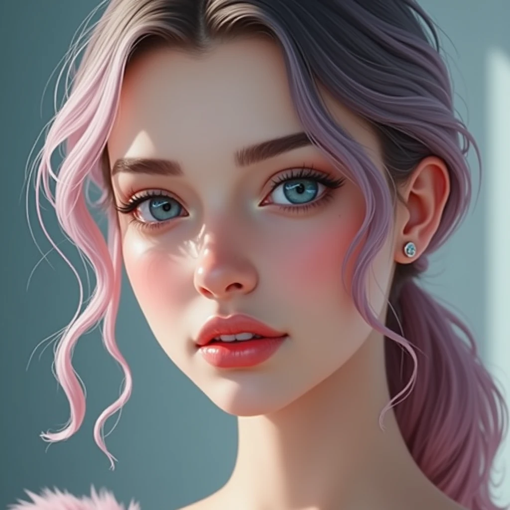 Create a close-up portrait of a stunningly beautiful Scandinavian woman with fair, flawless skin, and deep blue eyes. She mid length, flowing pink and blue gradient hair in ponytail. Her facial features are delicate and symmetrical, with high cheekbones, a well-defined jawline, and full lips with a natural pink hue. The lighting should be soft and flattering, enhancing her natural beauty, and the background should be neutral to keep the focus on her face. She should have a seductive sexy expression. 
