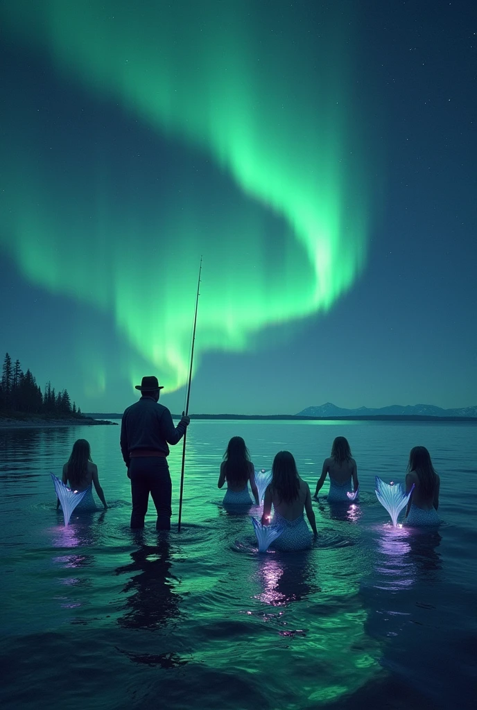 "Mermaids and Fisherman Under a Northern Lights Sky": On a clear night, A fisherman finds himself surrounded by mermaids emerging from the water, Their tails shimmering with the colors of the northern lights that illuminate the sky. The water reflects the green and purple hues, creating a magical and vibrant atmosphere.